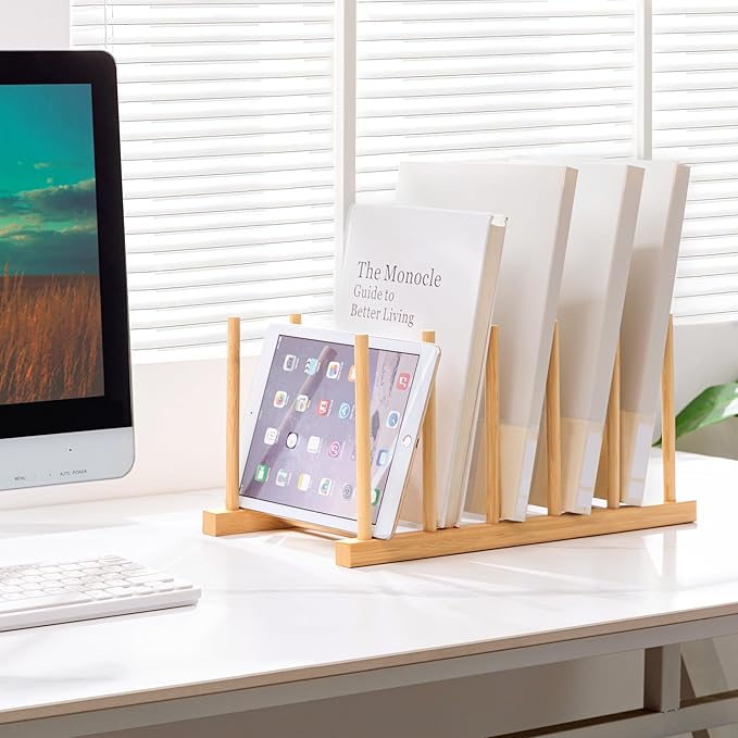 HBlife Desk File Organizer 5 Section Upright File Sorter, 1 Pack Bamboo File Holder for Home, Office & School