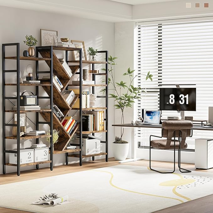 70x70 Triple 5 Tier Book Shelf, Large Wooden Bookcase with 17 Open Display Shelf, Modern Tree Bookshelf Metal Frame Tall Book Case Furniture for Living Room Bedroom Home Office Rustic Brown