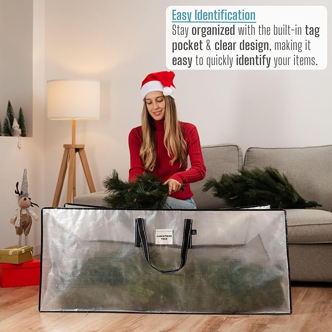 VENO Clear Christmas Tree Storage Bag - Fits 7.5 Ft Artificial Trees, Heavy Duty Large Bags with Zipper, Durable Handles, and Labeling Card Slot, Alternative to Storage Boxes with Lids