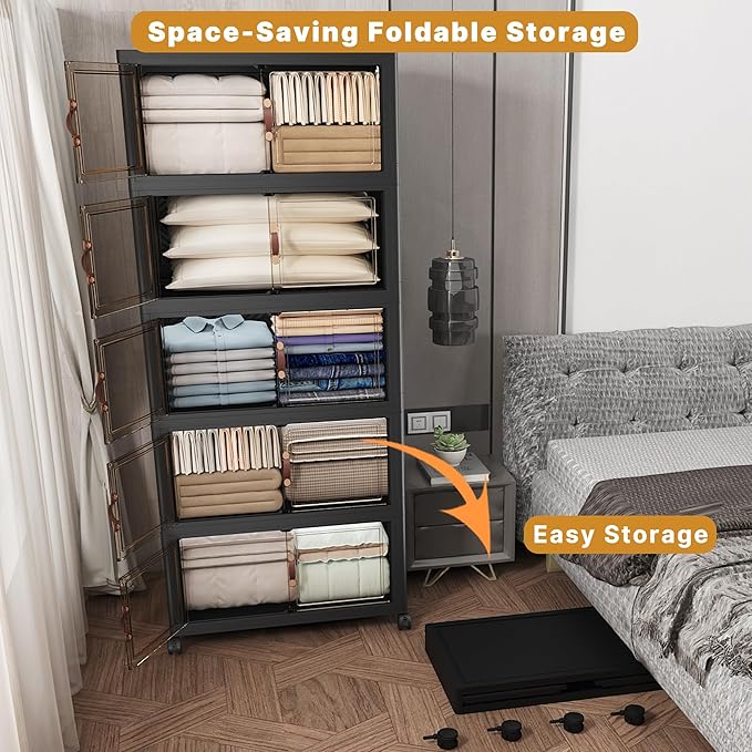 Extra Large Stackable Storage Bins with Lids & Wheels, Foldable Collapsible Closet Organizers Dark Storage Cabinet with Doors for Bedroom Dorm