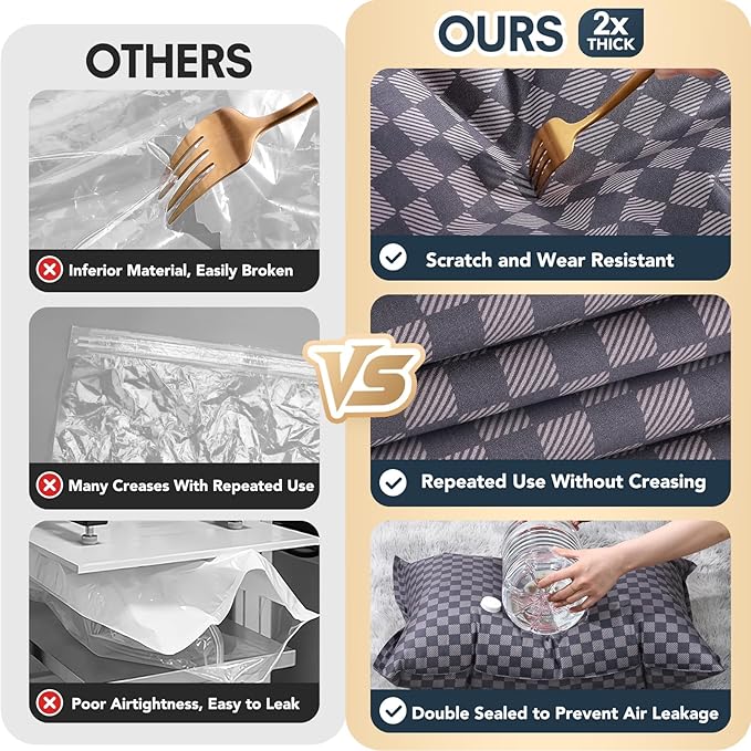 6 Pack Cloth Vacuum Storage Bags, Vacuum Seal Bags for Clothing with Hand Pump, 2 Large+4 Medium, 80% Space Saver Bags for Luggage, Comforters,Blankets, Home Travel Essentials (Dark Blue Checkered)