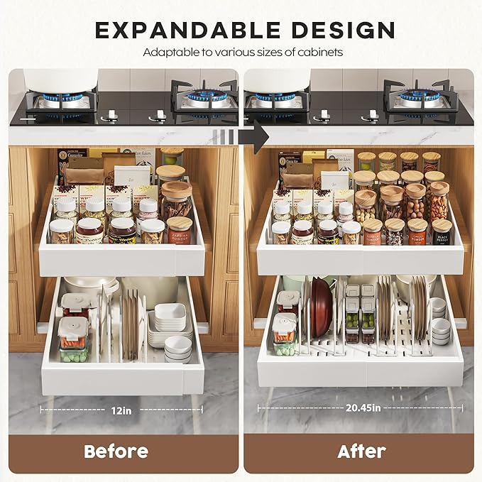 Seinloes 4Pack Expandable Pull Out Cabinet Organizer 21"Deep with Raising Pad for Framed Cabinets,Slide Out Drawers with 4pcs Divider Racks,Roll Out Shelves Adhesive,Adjustable Width 12.05"-20.4"White