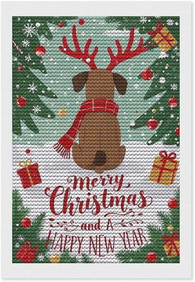AIVKIEJK Diamond Painting Kits for Adults - Merry Christmas and Happy New Year Red Antlers & Scarf Painting DIY 5D Full Drill Diamond Dots Paintings with Diamonds Gem Art and Crafts Home Decor 8"x12"