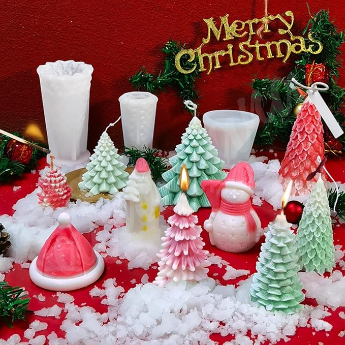 4pcs Christmas Silicone Mold Set for Candle Making, Atarvana 3D Christmas Candle Making Molds with 10pcs Candle Wick-Christmas Trees, Santa Claus, Pine and Ginger Man