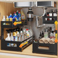 2-Pack 17"Deep Under Sink Organizer And Storage, 2-Tier L-Shaped Pull Out Cabinet Organizer with Upgraded Slide Rails, Height Adjustable Drawers for Kitchen&Bathroom, Extra-Large Storage Shelves–Black