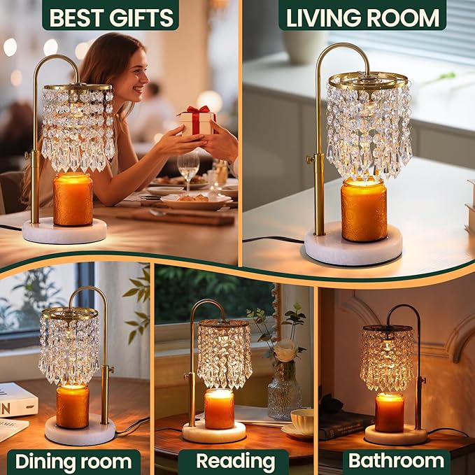 Candle Warmer Lamp with Timer Dimmer and 3 Bulbs,Adjustable Height for New Home Bedroom, Vintage Home Decor for Scented Jar, House Warming Decor Gifts, Minimalist Crystal
