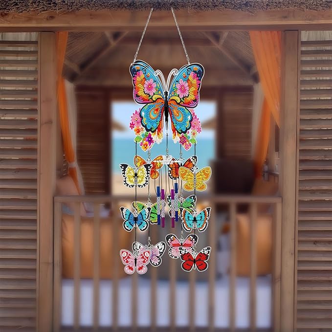 Butterfly Diamond Dots Wind Chimes DIY Kits 5D Diamond Art Painting Wind Chime Butterfly Hanging Ornaments Double Sided Special Shaped Gem by Number Stitch Wind Chime Pendant for Yard Tree Home Decor