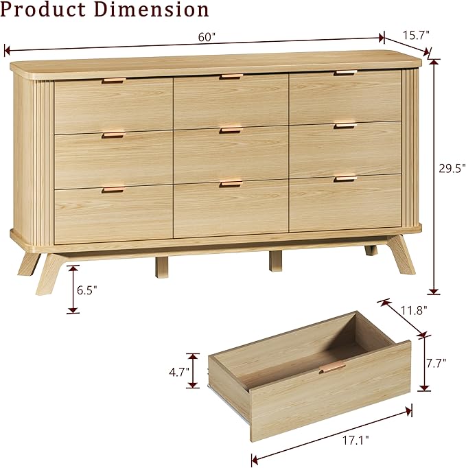 HUAHUU Fluted 9 Drawers Dresser, 60" Mid Century Modern & Chests of Drawers, Curved Profile Design, Dresser TV Stand, for Entryway, Hallway, Bedroom, Oak