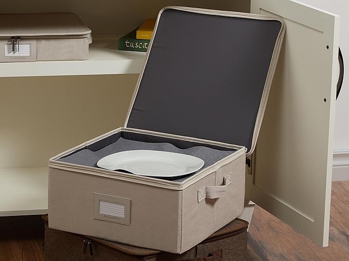 Covermates Dish Storage Box – China & Dinner Plate Storage Container with Dual Zippers, Reinforced Handles, ID Window & Stackable Structured Walls for Dishware Organization, Beige Heather