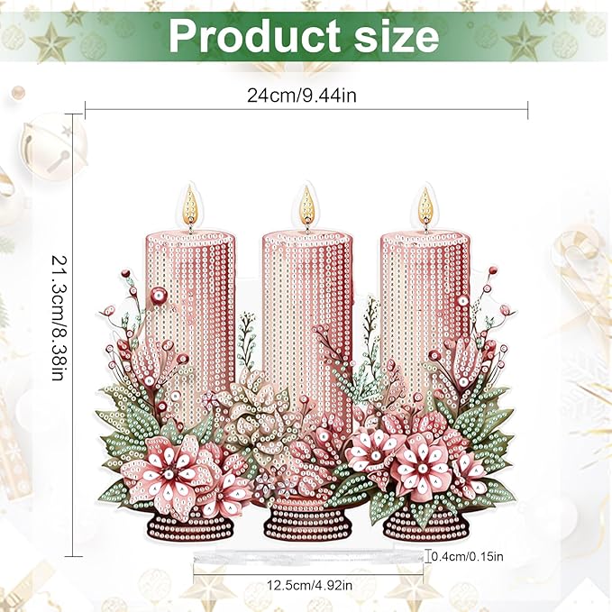 5D DIY Diamond Painting Tabletop Ornament Kits Pink Candle, Christmas Diamond Art Desktop Ornament, Special Shaped Crystal Rhinestone Diamond Art Table Top Home Office Christmas Decor (24x21.3cm)
