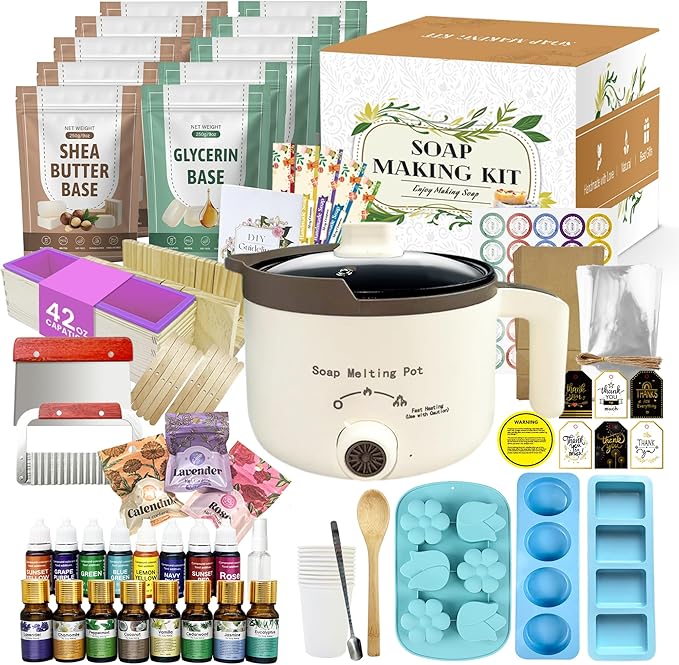 LFISGNN Deluxe Soap Making Kit for Adults DIY Soaps, DIY Soap Making Supplies Kits with Soap Melting Pot, Natural Soap Base, 8 Essential Oils, 8 Dyes, 4 Soap Molds, Packing and Supplies for Begineers