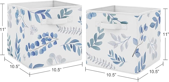 Sweet Jojo Designs Floral Leaf Foldable Fabric Storage Cube Bins Boxes Organizer Toys Kids Baby Childrens - Set of 2 - Blue Grey and White Boho Watercolor Botanical Flower Woodland Tropical Garden