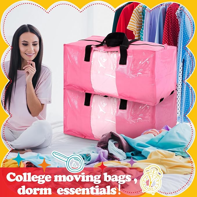 6 Pack Extra Large Heavy Duty Dorm Moving Bags with Clear Window, Strong Carrying Handles, Backpack Straps and Zippers for Saving Space Storage Totes Clothes Storage Bag Moving Supplies