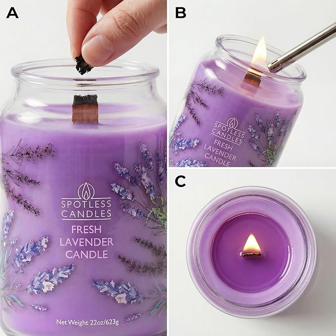 Fresh Lavender Candle 22oz Glass Jar with Wooden Wick in a Decorated Jar Within a Presentation Gift Box and Protective Shipping Box