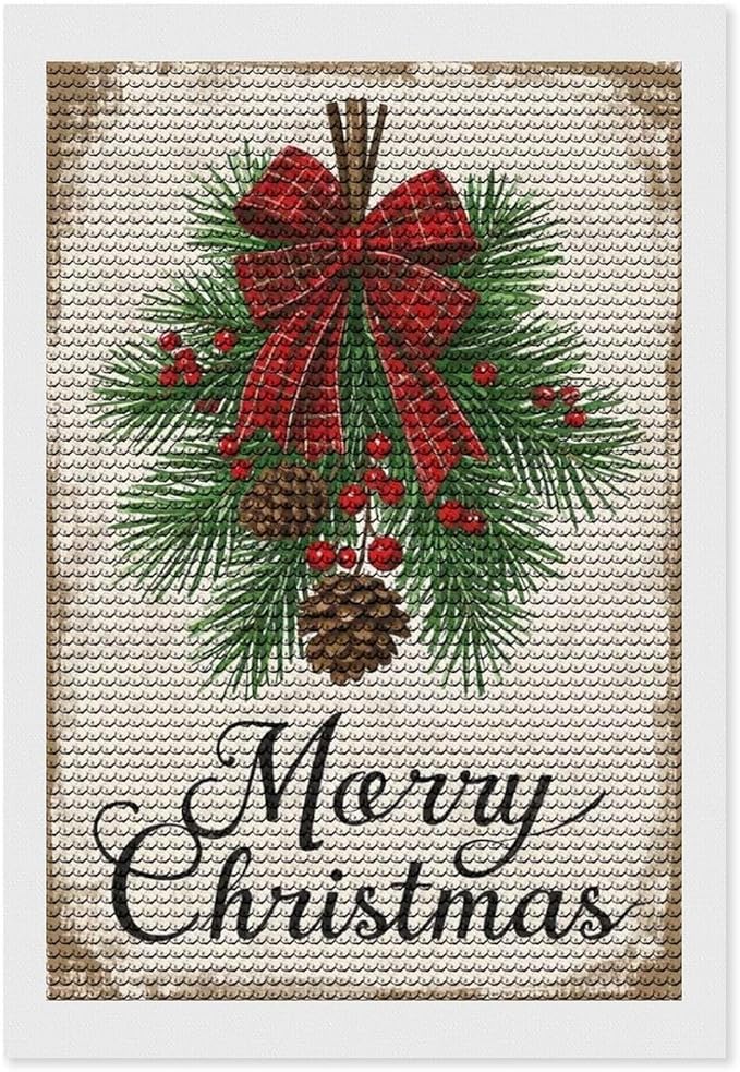 AIVKIEJK Diamond Painting Kits for Adults - Merry Christmas Holly, Pine Cones & Red Plaid Bow Painting DIY 5D Full Drill Diamond Dots Paintings with Diamonds Gem Art and Crafts Home Decor 8"x12"