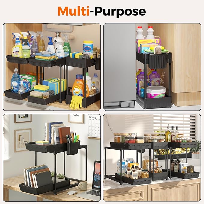 3 Pack Under Sink Organizer, 2 Tier Slide Out Bathroom Cabinet Organizer, Multi-Purpose Storage Shelf for Kitchen, Black, 12.8Inch