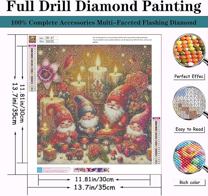 CZYWJMEI Christmas 5D Diamond Painting Kits for Adults Beginners,DIY Gnome Candles Diamond Art Kits,Full Round Drill Diamond Dot Gem Art Kits,Home Wall Decor 13.7x13.7nch