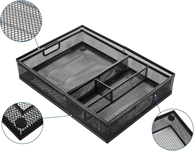 Noamus 3 Pack Office Drawer Organizer, Desk Drawer Divider Tray, Metal Mesh Desktop Basket, 6 Compartments Pen Storage Box for Makeup, Stationery, Office Supplies & Accessories, Kitchen(Black,3 Size)