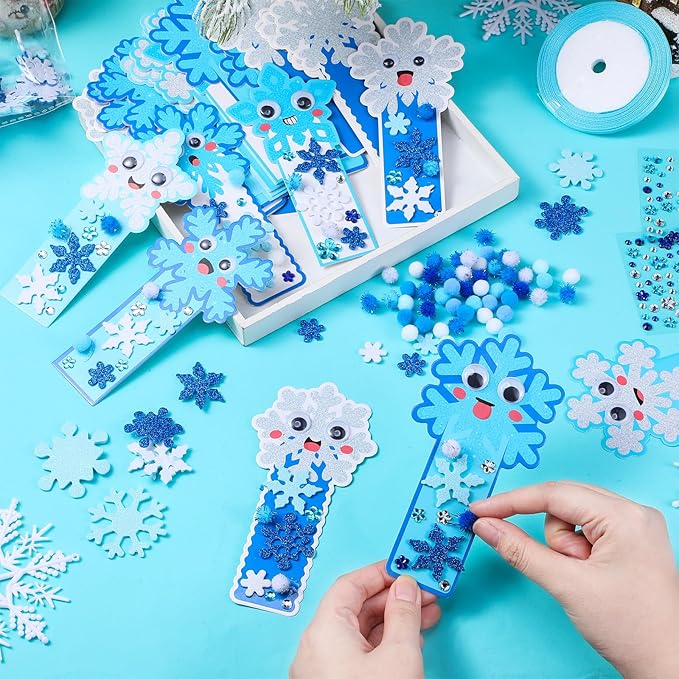 Funrous 48 Sets Winter Crafts Kit Snowflake Bookmarks Bulk DIY Make Your Own Christmas Hanging Ornaments Arts with Pompoms Diamond Stickers for Holiday Classroom Activities Wonderland Party Favors