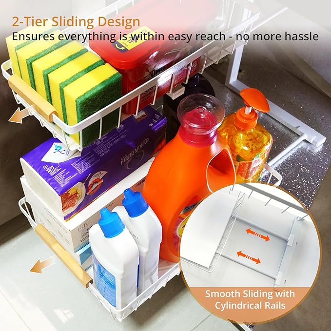 Under Sink Organizer 2 Pack, 2 Tier Pull Out Cabinet Organizers and Storage for Kitchen Bathroom Pantry Laundry, Adjustable Height, Slide Out Thickened Metal Storage Shelf (White, 2 Pack)