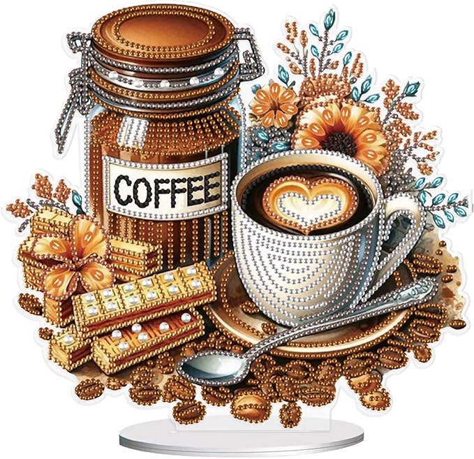 antor DIY Diamond Painting Desktop Ornament Coffee, 10x9.3in Acrylic Special Shape Diamond Art Kit Ornaments with Stand, Coffee and Chocolate Design, Tabletop Decoration for Home Crafts Gifts