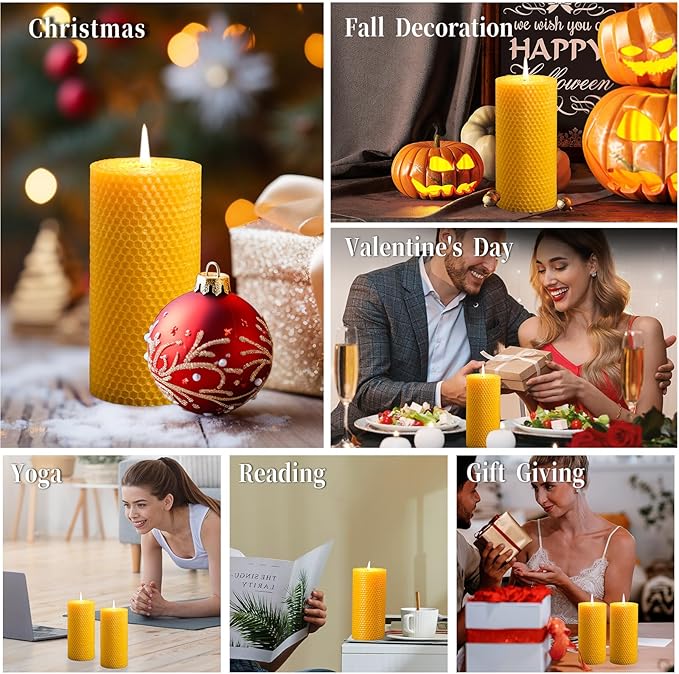 8 Packs Handmade Beeswax Candles, 360 Hours Beeswax Pillar Candles Handcrafted Honeycomb Bees Wax Candle for Home, Prayer, Unscented Candles (2.8x6 in)