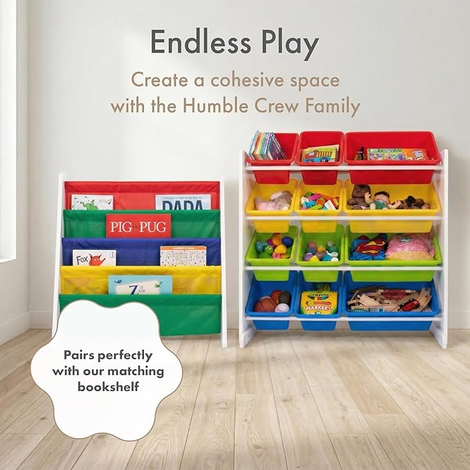 Humble Crew Kids Toy Storage Organizer with 12 Plastic Bins, White/Primary – Removable Bins for Playroom, Bedroom, Toddler Furniture for Boys and Girls Ages
