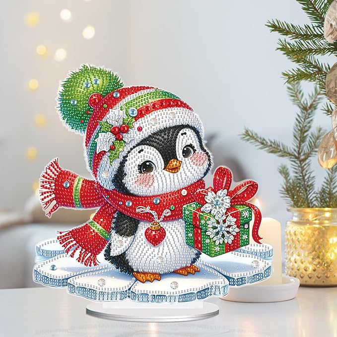 5D Diamond Art Ornament Kits Christmas Penguin, DIY Diamond Painting Desktop Ornaments, Special Shaped Crystal Rhinestone Diamond Art Table Top Home Office Christmas Decor (24x24.7cm)