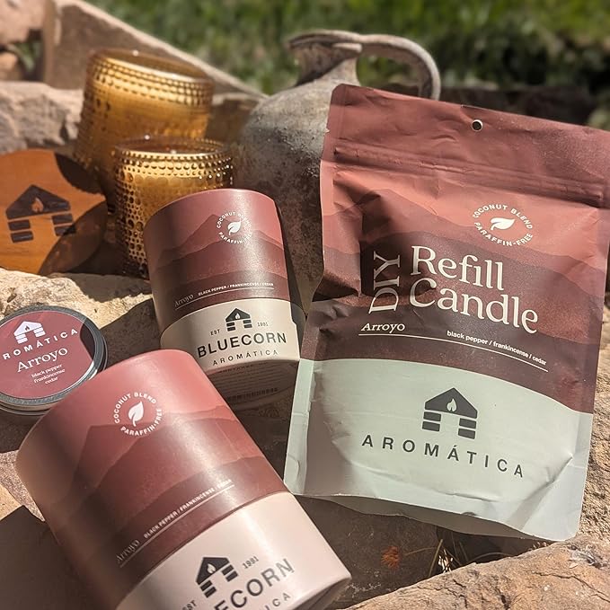 Bluecorn Aromática Arroyo Scented Candle Refill Kit – Amber, Warming Spices & Frankincense | Clean-Burning Coconut Wax | Non-Toxic Fragrance | 100% Compostable Pouch | DIY Candle Refill | Made in USA
