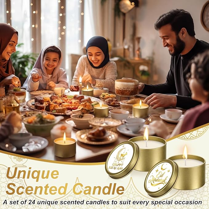 Nuanchu 24 Pack Eid Mubarak Scented Candles Gift 2 oz Golden Star and Moon Design Ramadan Aromatherapy Soy Wax Jars Lasting Bulk Favors for Home Islamic Holiday Party Decor