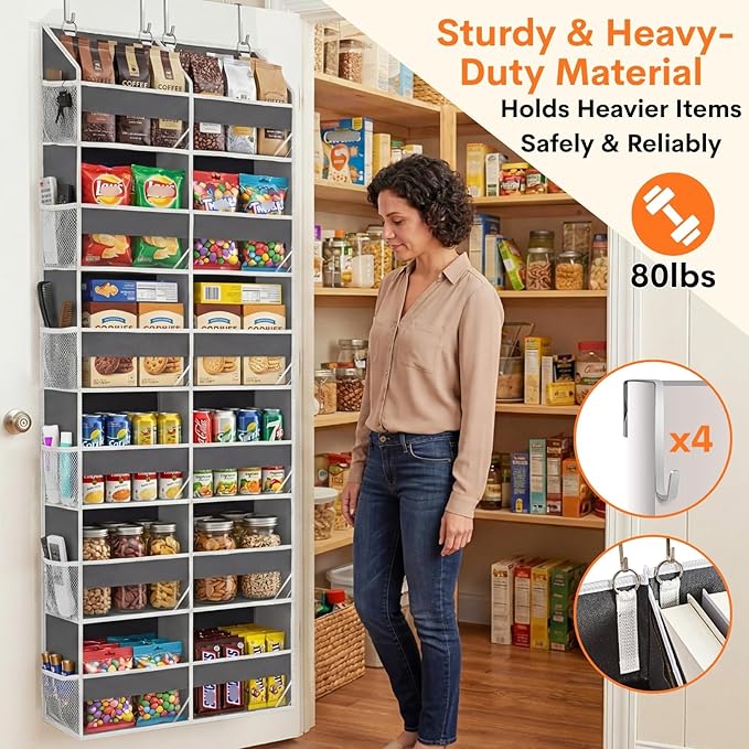 2 Pack Over The Door Organizer 6 Tiers, Extra Large Behind Door Storage of 12 Compartments, 80 lbs Weight Capacity Hanging Storage Organizer with Clear Window Kids Toys,Shoes (6 Tiers - Grey)