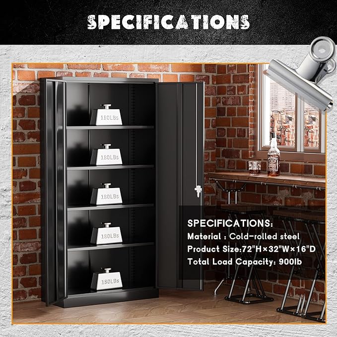 Greenvelly Storage Cabinet, 72” Black Garage Steel Locking Cabinet with Doors and 4 Adjustable Shelves, Tall Lockable File &Tool Cabinet for Home Office, Metal Classroom Cabinet Basement
