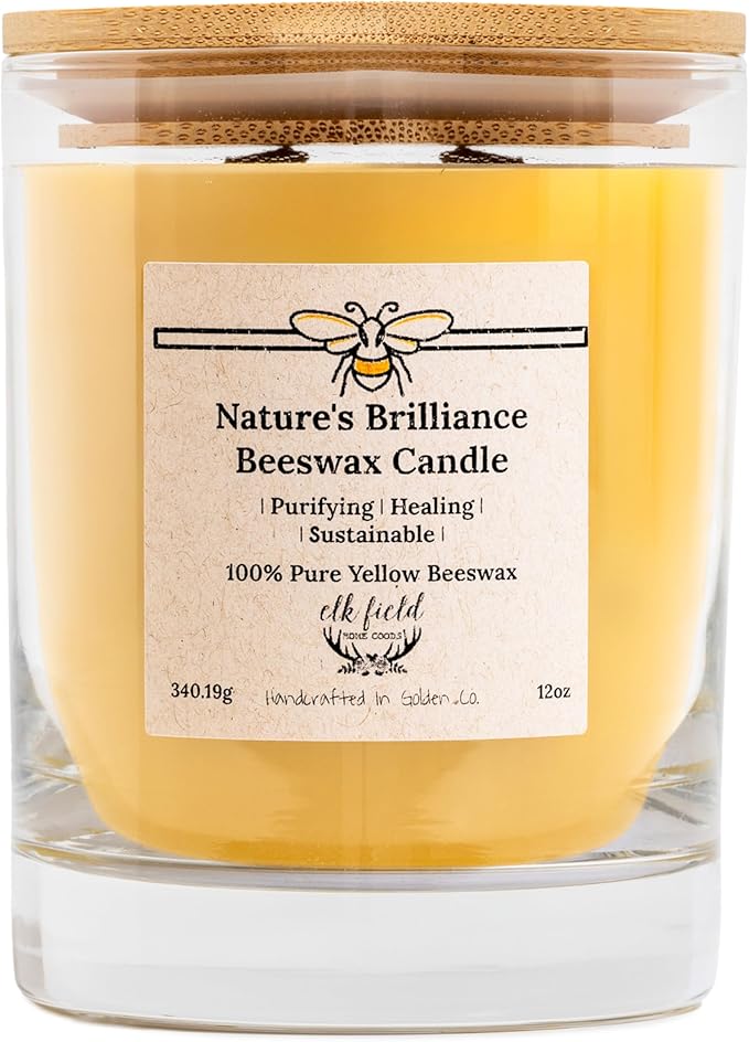 100% Pure Colorado Beeswax Candle | 1 Ingredient, Handpoured in Golden, CO - Natural Honey Scent, Non Toxic, Organic, Glass Jar, Two Cotton Wicks, 80 Hour, 12oz
