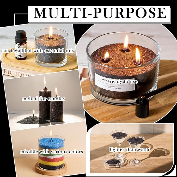 Candle Sand Wax Kit- 3lb Black Pearled Candle Sand with Wicks(50) Glass Jar(2) DIY Pearled Candle Making Kit Refillable Beaded Wax Set for Home Decor & Gifts