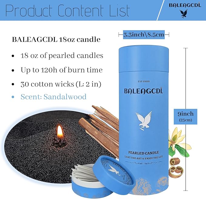 Monsoon Wood Pearled Candle – 18 oz/1.1 lb Sandalwood Scented Sand Candles with 30 Wicks | Refillable Black Wax Long-Lasting Powder 120 Hours Clean Burning for DIY Gifts