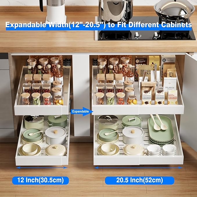 MUSTORN 2 Pack Pull Out Cabinet Organizer Expandable, 21"Deep Slide Out Drawer for Cabinets Adhesive Pull Out Drawers Heavy Duty Pull Out Shelves for Kitchen, Cupboard, Pantry, Bathroom(White)