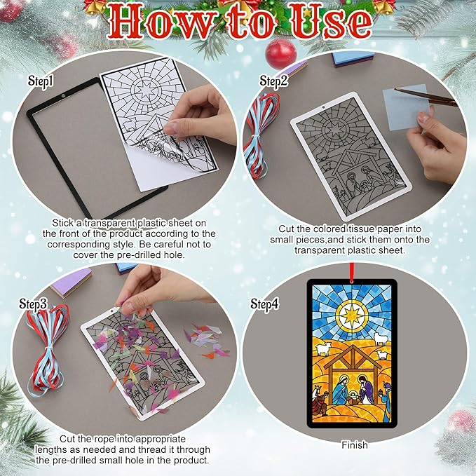 Tinlade 32 Set Winter Nativity Scene Suncatchers Craft Kit DIY Christian Suncatcher Crafts with Tissue Paper Religious Arts Projects Window Stained Glass Hanging Ornaments Winter School Activities