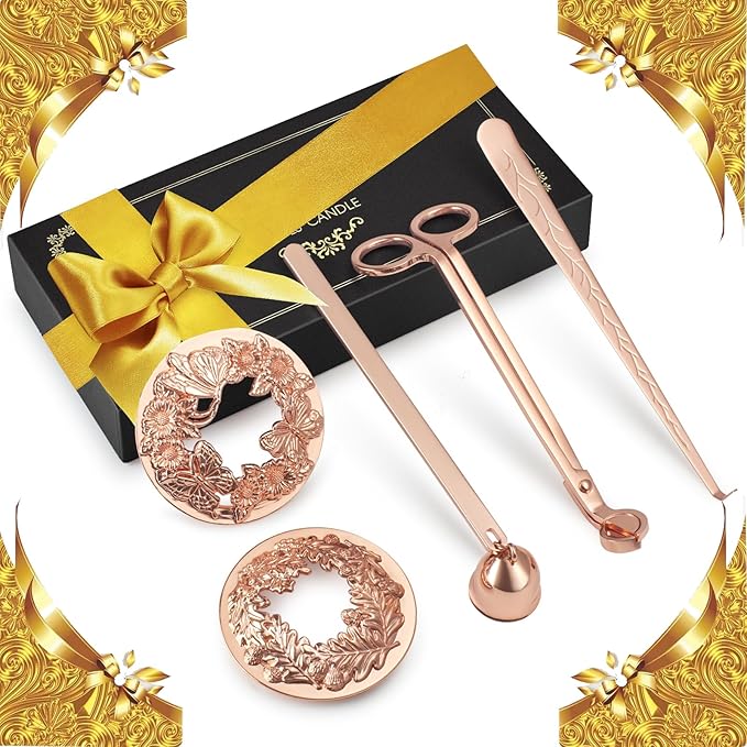 5 in 1 Candle Accessory Set Including Wick Trimmer、Candle Snuffer、Wick Dipper and Candle Toppers for Jar Candles to Burn Evenly for Candle Care Tools - Rose Gold