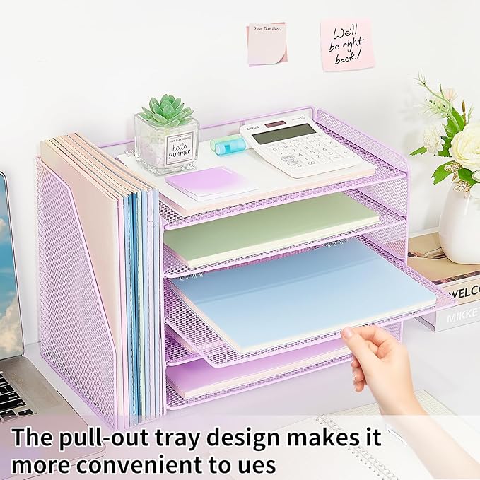 OPNICE Desk Organizer, 5-Tier Paper Organizer Letter Tray with Magazine Holder, Office Desk Accessories & Workspace Organizers, Desktop File Organizer for Office Supplies Storage, Purple