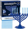 Zion Judaica 5.25" Mini Menorah with Hanukkah Candle Set - Dark Royal Blue with 44 Blue White Mini Chanukah Candles Small Minorah Hanukkah Decoration or Gift