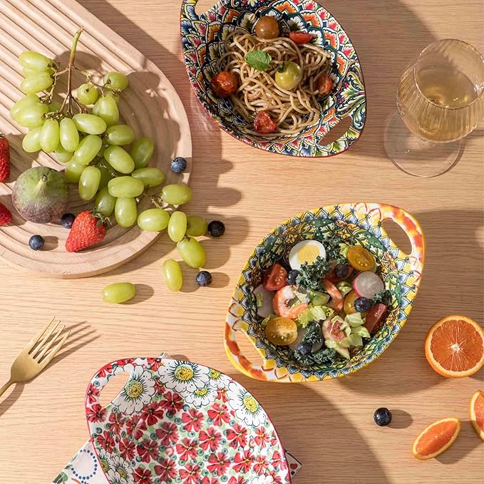 Henten Home Ceramic Salad Bowls Set, 19 oz Porcelain Soup Bowl Set of 4, Colorful Serving Bowls with Handle for Dinner, Pasta, Oatmeal, Bohemian Style, Microwave & Dishwasher Safe