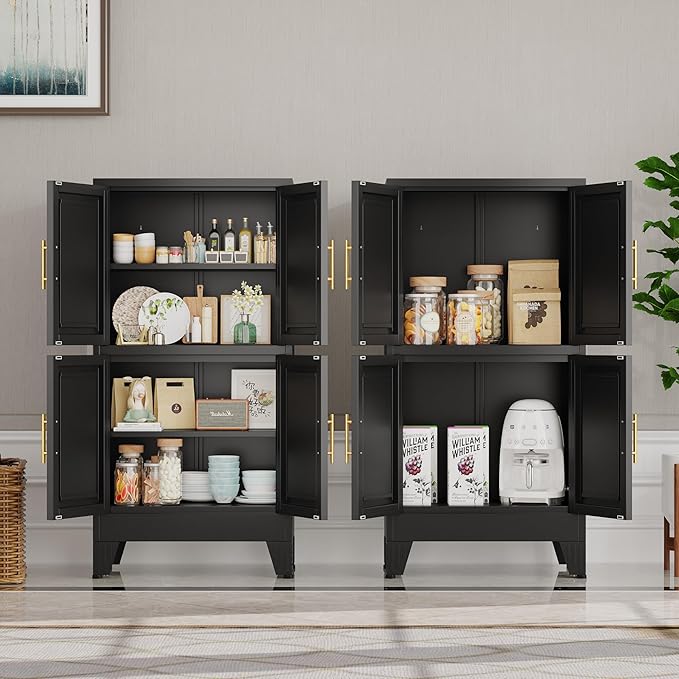 47“H Black Metal Bathroom Storage Cabinet, Kitchen Pantry Cabinet with Doors and 3 Adjustable Shelves, Bathroom cabinets Organizer, for Home Office, Bedroom