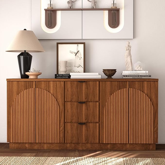 Brafab 67" Mid Century Modern Style Storage Sideboard with 4 Arched Reeded Design Doors and 3 Drawers with Adjustable Shelves, Suitable for Living Rooms, Studies and Dining Rooms (Walnut, 2 PCS)