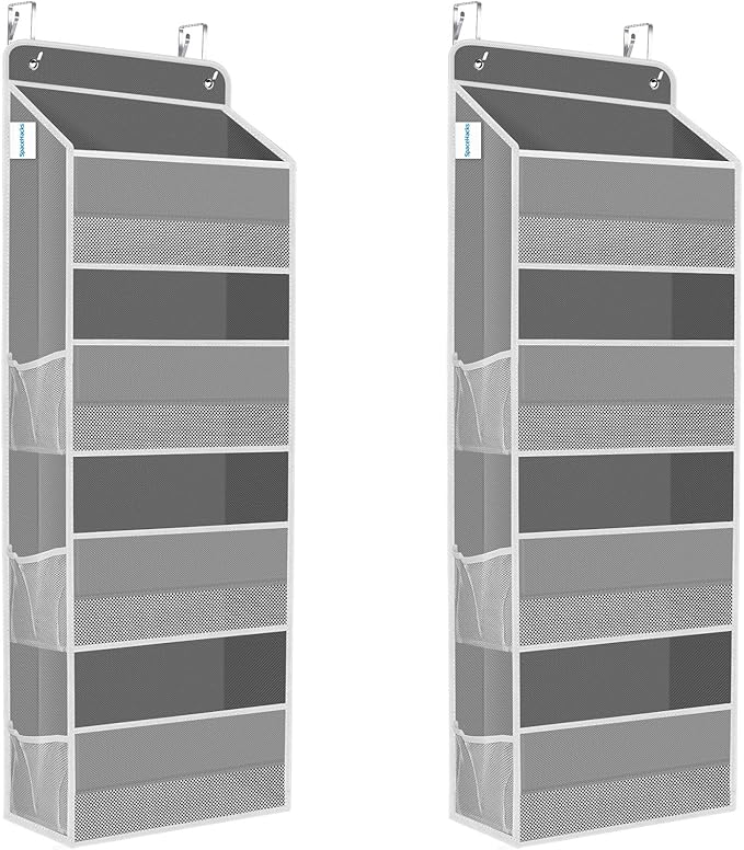 SpaceHacks 2 Pack Over The Door Organizer, Hanging Storage Organizer with Clear Window, 40lb Ultra Sturdy Large Capacity Room Organizer for Pantry Laundry Bathroom Nursery Closet (Grey)