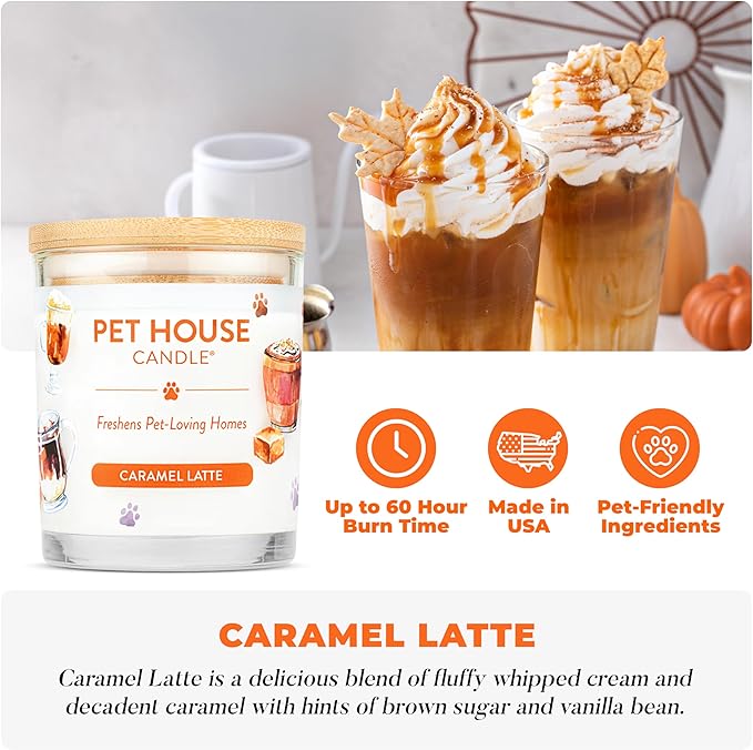 One Fur All Pet House Fall Candles, Long Lasting, Clean Burning, Soy Wax Scented Candles for Pet Odor, Caramel Latte, 2 Pack