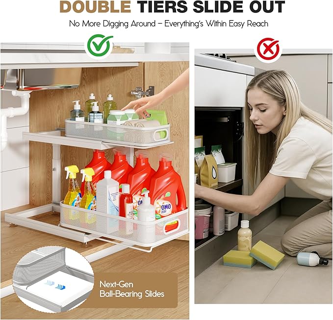 2-Pack Under Sink Storage Organizer with 2-Tier Slide Out Drawer, Sophisticated Mesh Pull Out Shelf for Kitchen & Bathroom, Fits Small Items, Upgraded Arched Track for Smooth Gliding(Patented)