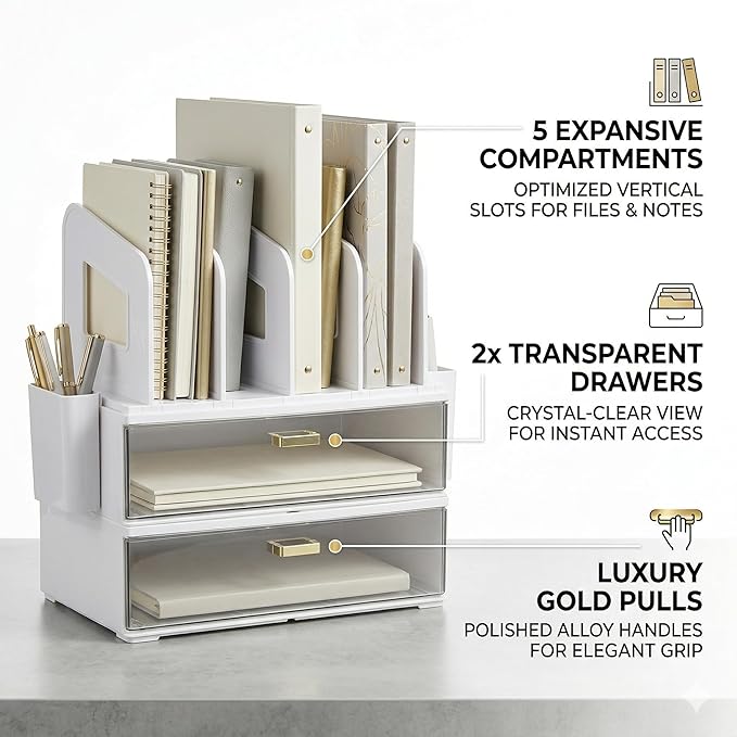 CiWiVOKi White Desk Organizer with 4 File Holder Slots, 2 Clear Drawers & Dual Pen Holders, Multi-Functional Office Supplies Desktop Storage for Home Office, Space-Saving Mail Sorter & Caddy