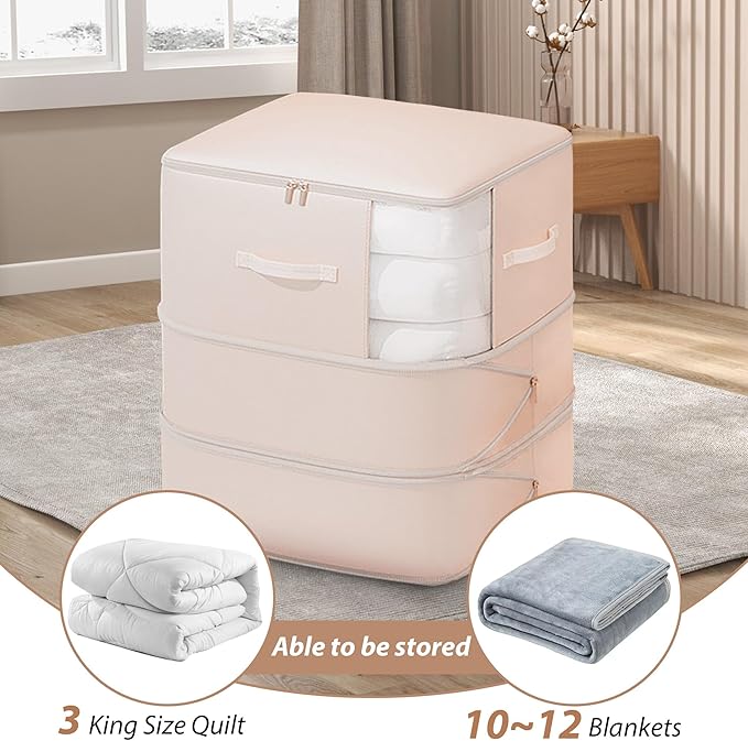 Veki Comforter Storage Bag, Space Saving Self Compression Foldable Blanket Storage Bags, Closet Organizer With Handle and VisualiZation Window, Large Capacity 130L for Bedding, Clothes (Pink, XL)