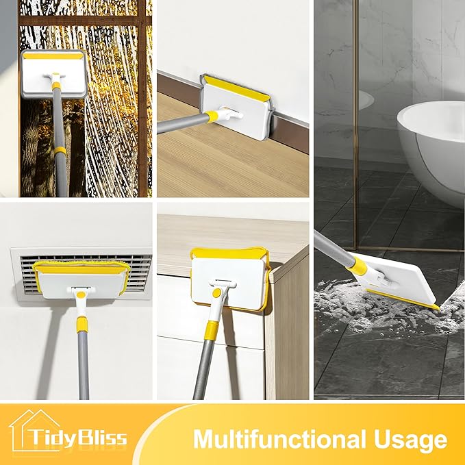 Baseboard Cleaner Tool with Handle, 55.9” Long Wall and Base Board Cleaning Mop, 4 Reusable Pads, 1 Stiff Bristle Scrubber Brush for Floorboard Ceiling Cabinet Window Bathroom (Yellow)