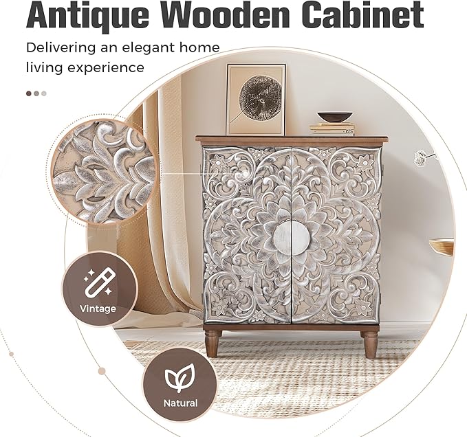 PHI VILLA Accent Cabinet with Doors - Antique Storage Cabinet for Entryway Buffet Sideboard